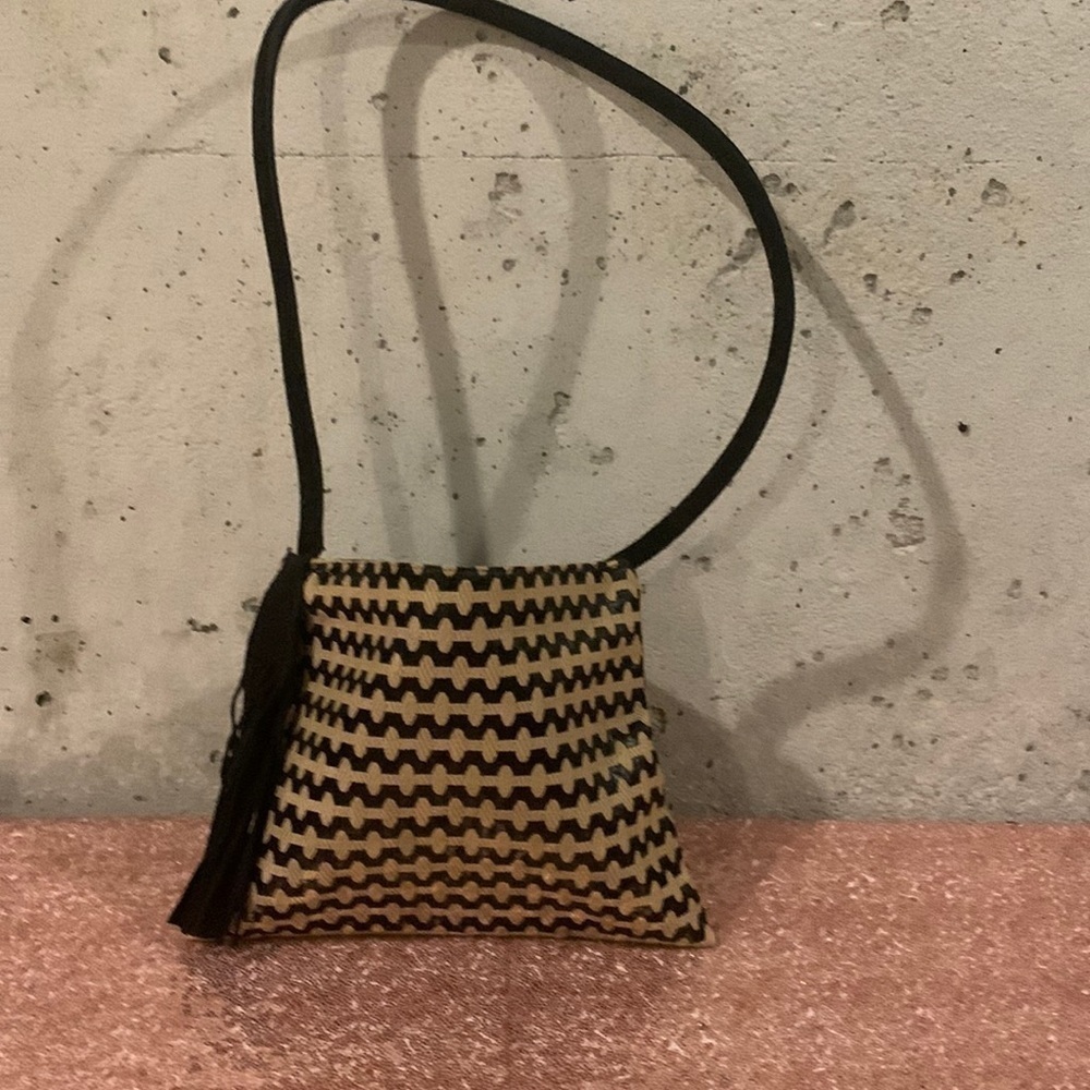 Vintage Reva Black and Tan Fabric Purse With Black Suede Strap and Tassel